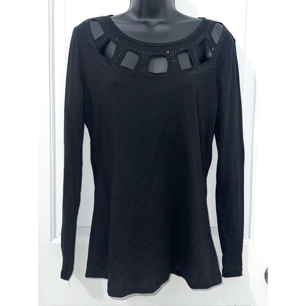 Vocal Apparel Black Laser Cut Neckline and Stones top
